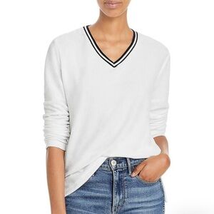 Goldie white V-neck sweater minimalist sporty trim size L
